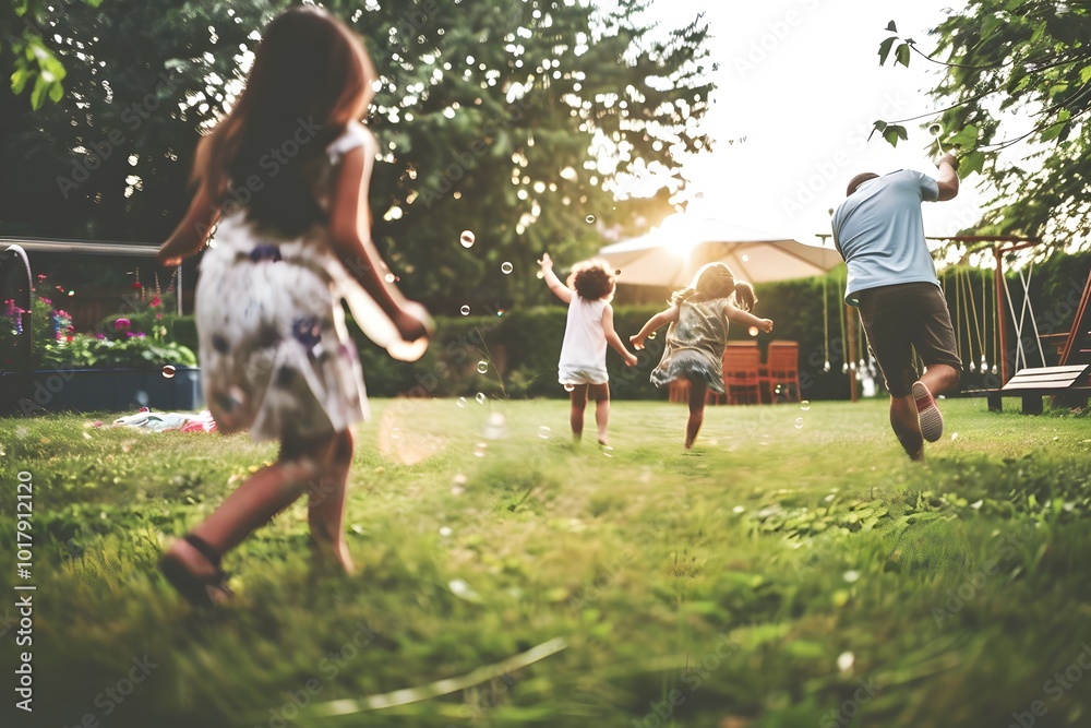 Obraz premium Children running and playing outdoors in a backyard on a sunny day, filled with joy and movement