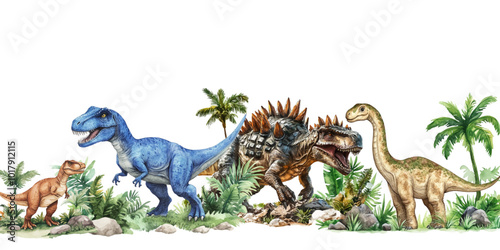 Set of watercolor dinosaurs, with tropical leaves in the background