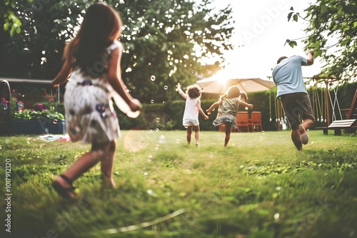 Fototapeta Naklejka Na Ścianę i Meble -  Children running and playing outdoors in a backyard on a sunny day, filled with joy and movement