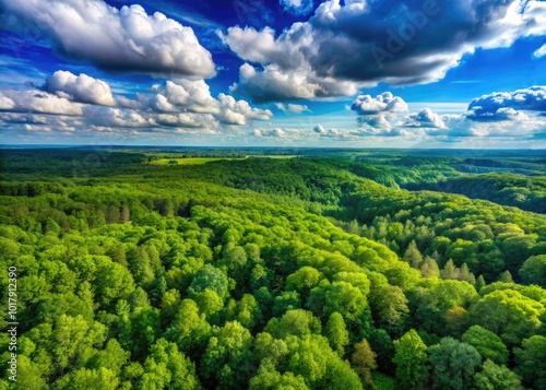 Lush Green Grass Forest Surrounded by Tall Trees Under a Bright Blue Sky and Soft White Clouds