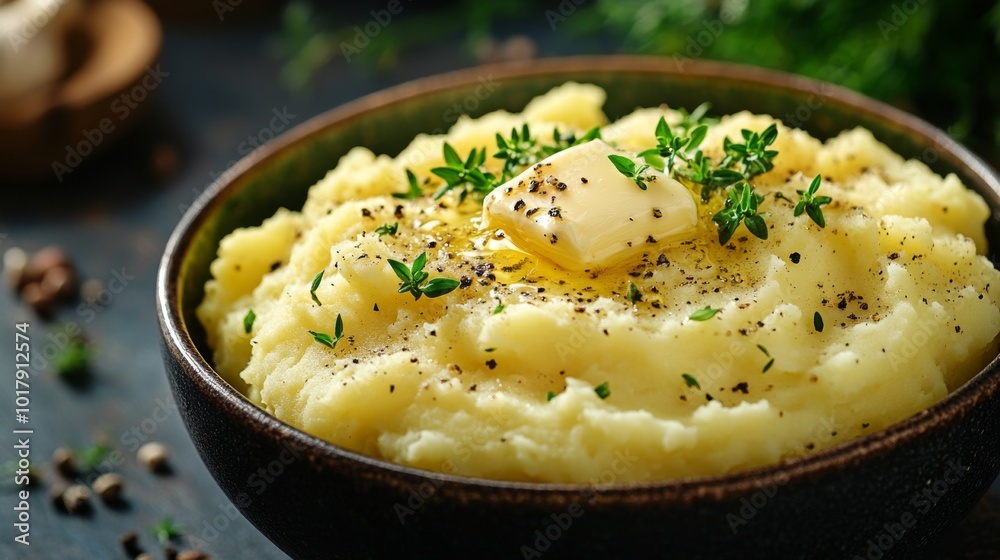 A bowl of smooth, creamy mashed potatoes is topped with melting butter and fresh herbs, offering a homely and comforting culinary experience. A bowl of smooth, creamy mashed potatoes is topped with melting butter and fresh herbs, offering a homely and comforting culinary experience.