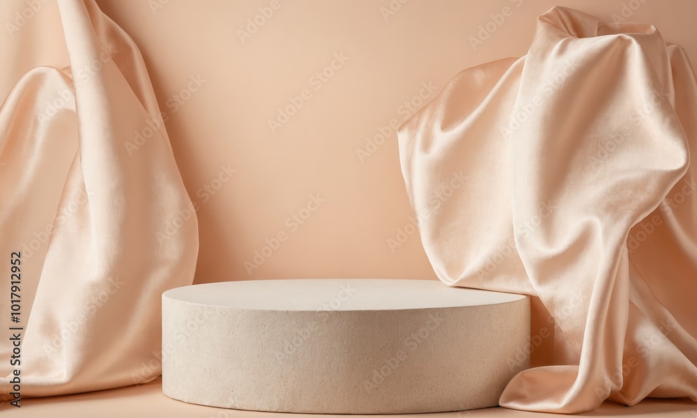 Beige podium with fabric drapes Beige podium with fabric drapes