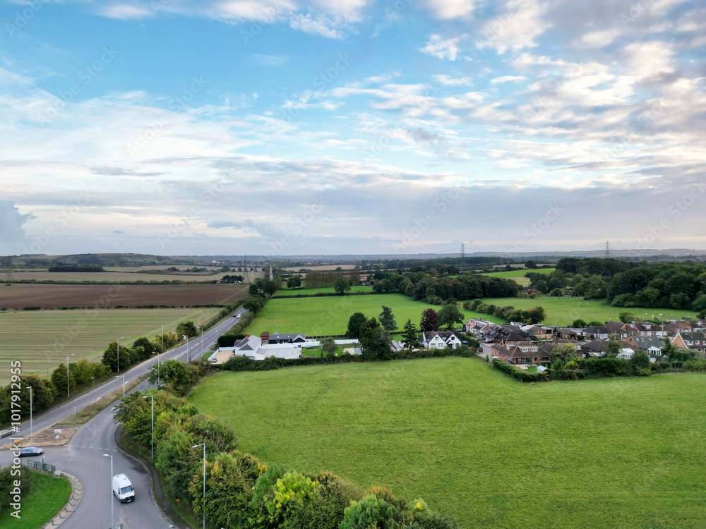 High Angle View of British Agricultural Farms at Streatley Village and Countryside Landscape of Bedfordshire, England Great Britain of UK. Footage Was Captured with Drone's Camera on October 7th, 2024 High Angle View of British Agricultural Farms at Streatley Village and Countryside Landscape of Bedfordshire, England Great Britain of UK. Footage Was Captured with Drone's Camera on October 7th, 2024