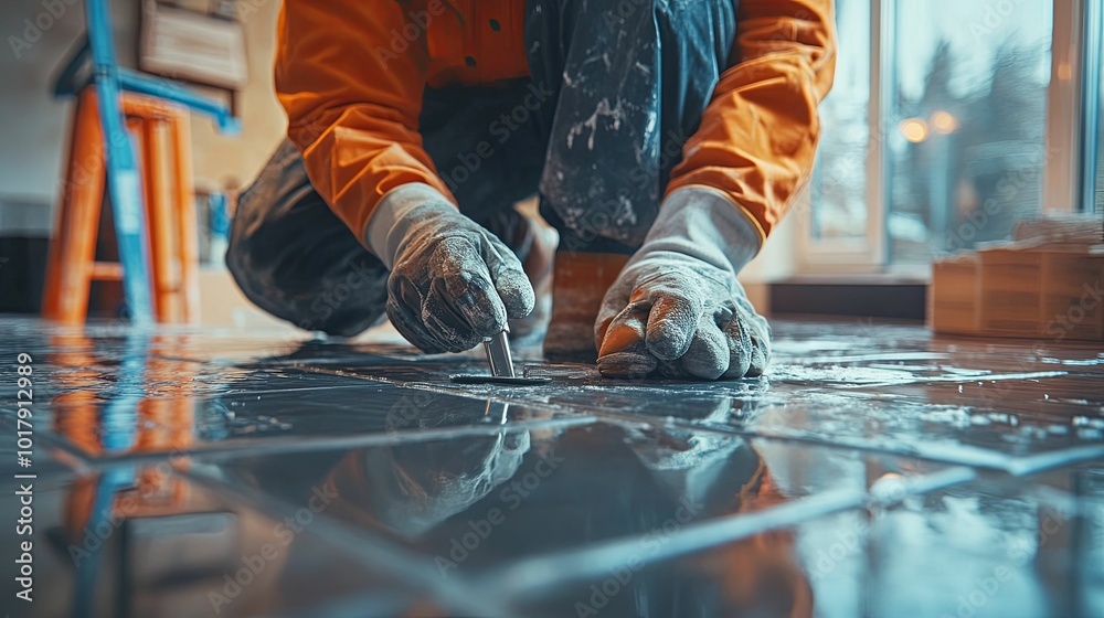 Construction Worker Installing Tile with Grout Construction Worker Installing Tile with Grout