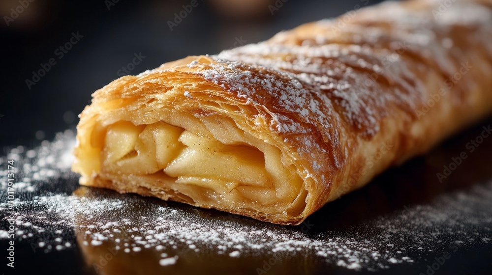 A traditional apple strudel featuring a flaky, golden-brown crust filled with sweet apple slices, sprinkled with powdered sugar for a truly classic dessert experience. A traditional apple strudel featuring a flaky, golden-brown crust filled with sweet apple slices, sprinkled with powdered sugar for a truly classic dessert experience.