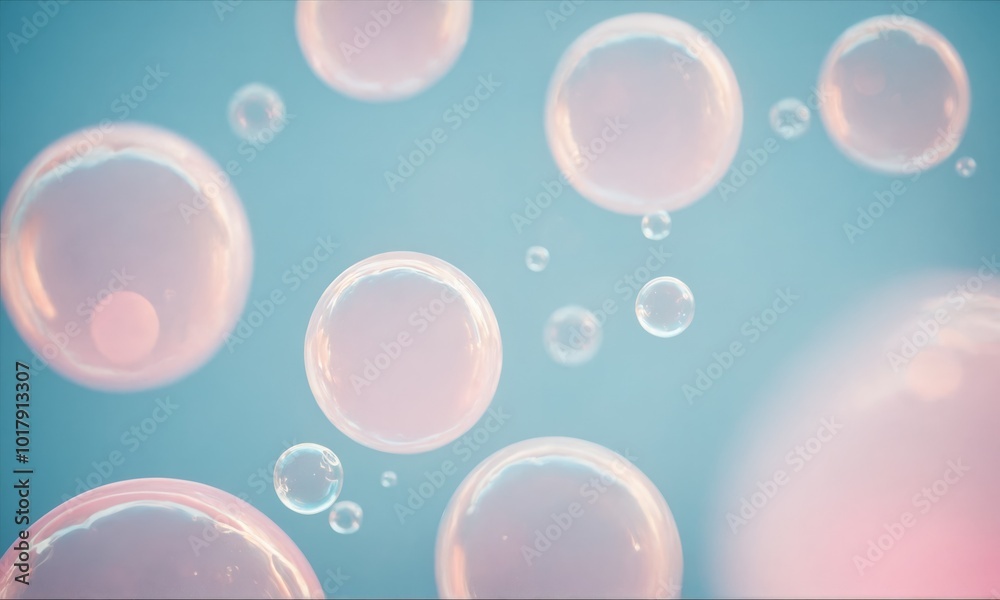 Floating iridescent bubbles against a blue background Floating iridescent bubbles against a blue background