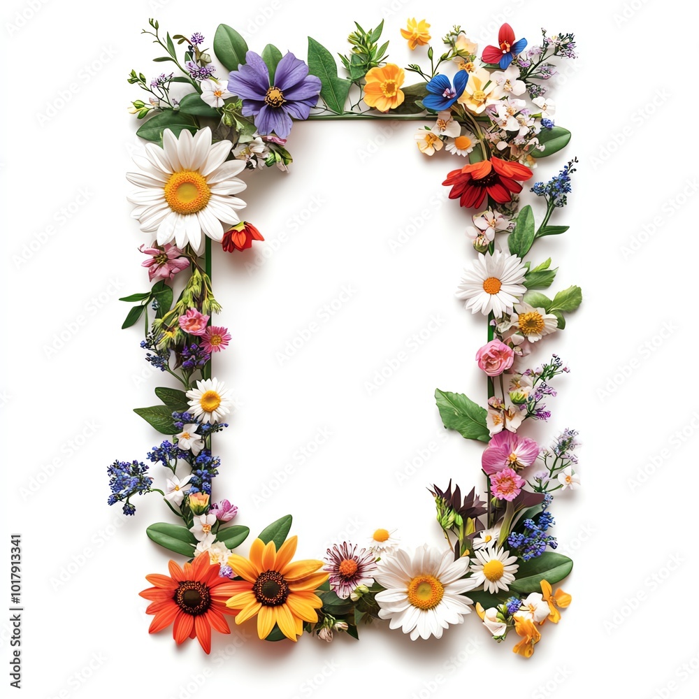 Fototapeta premium Floral frame with vibrant flowers, white background