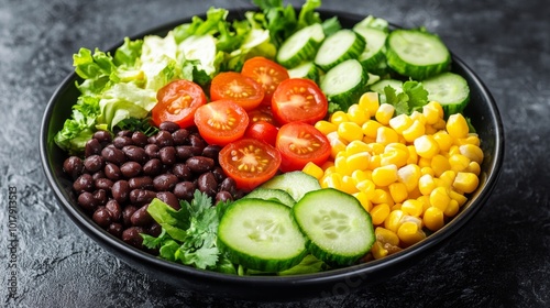 A wholesome salad bowl brimming with black beans, corn, tomatoes, cucumbers, and leafy greens, offering a burst of color and nutrients on a stone tabletop. photo