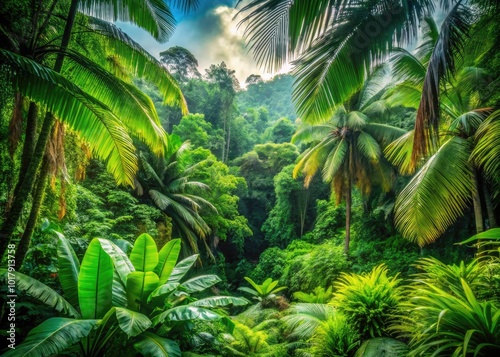 Lush Green Jungle Landscape with Tropical Plants and Trees in a Serene Natural Environment