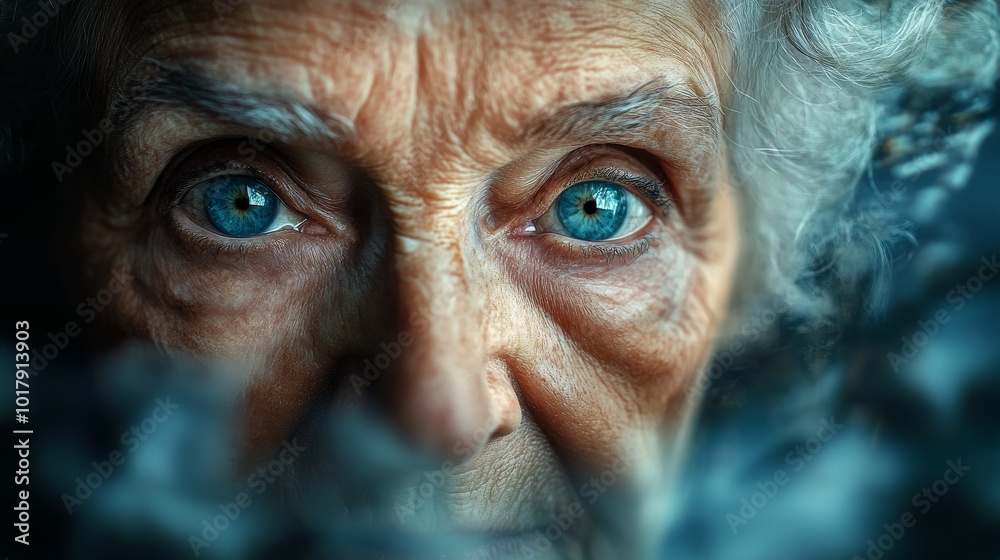 A detailed close-up portrait of an elderly woman with captivating blue eyes, capturing her essence and life experiences etched in her facial features with depth. A detailed close-up portrait of an elderly woman with captivating blue eyes, capturing her essence and life experiences etched in her facial features with depth.