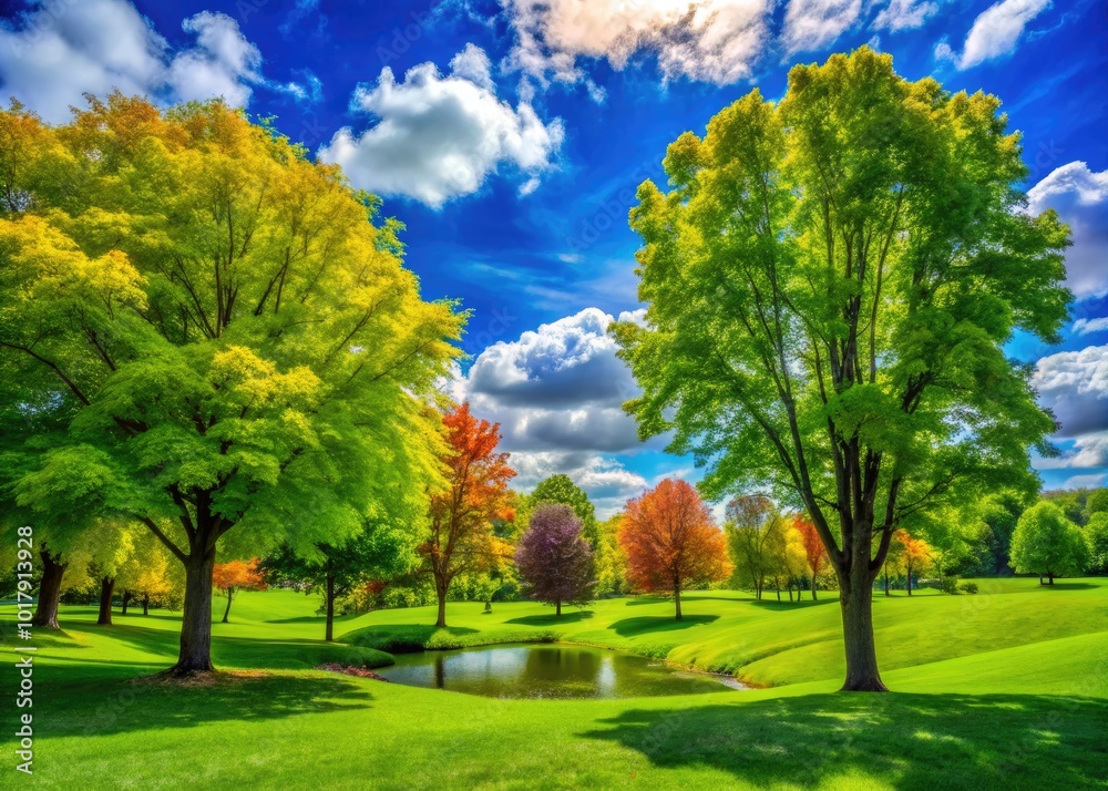 Lush Green Landscape of the Greens at Maple Leaf with Vibrant Trees and Clear Blue Sky Lush Green Landscape of the Greens at Maple Leaf with Vibrant Trees and Clear Blue Sky