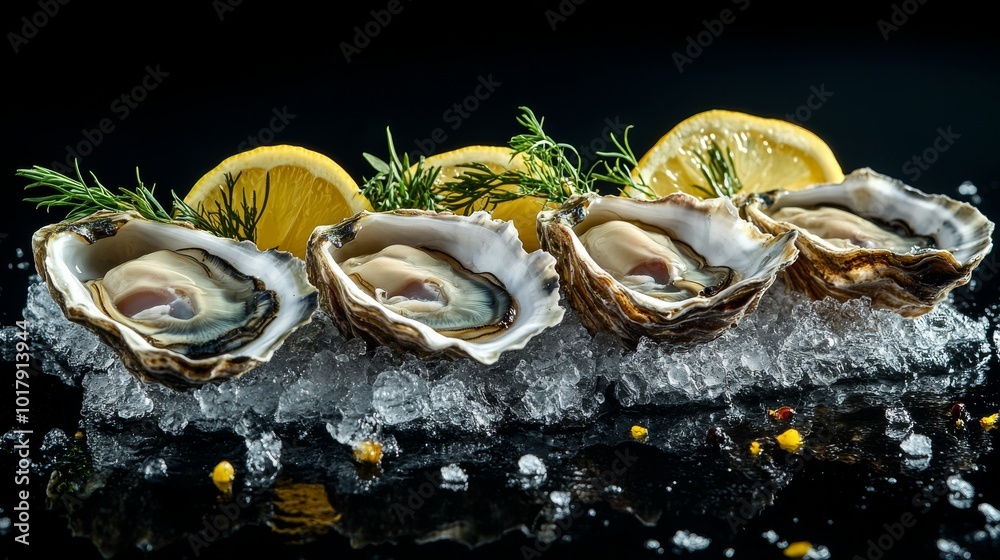 A tantalizing display of fresh oysters nestled on ice, garnished with lemon wedges and herbs, highlighting a seafood lover's delight in a stylish presentation. A tantalizing display of fresh oysters nestled on ice, garnished with lemon wedges and herbs, highlighting a seafood lover's delight in a stylish presentation.