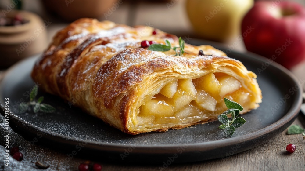 A delicious golden brown pastry filled with sweet, tender apple slices, dusted with powdered sugar, and garnished with delicate mint leaves on a black plate.