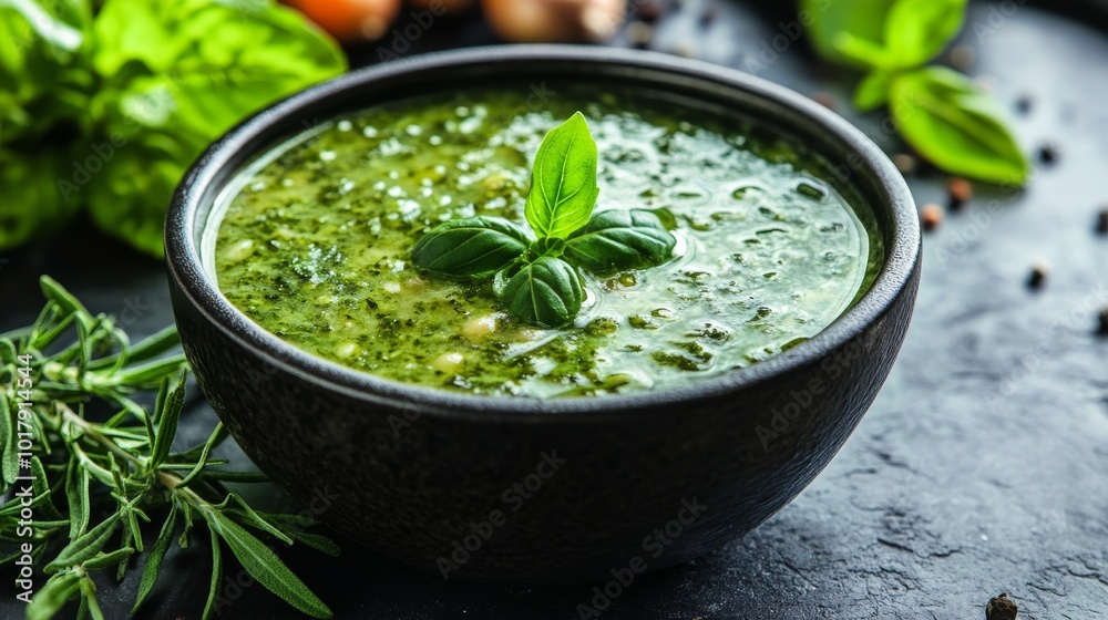 A bowl of fresh, homemade green pesto garnished with a single basil leaf is showcased, highlighting the rich texture and vibrant flavor of the dish. A bowl of fresh, homemade green pesto garnished with a single basil leaf is showcased, highlighting the rich texture and vibrant flavor of the dish.