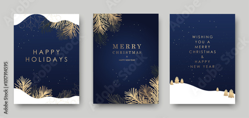Merry Christmas and Happy New Year banners with snowflakes and Christmas trees. Vector illustration
