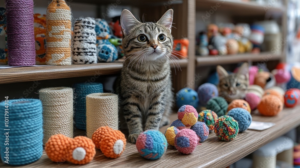 Cat observing colorful handmade toys on a wooden shelf.