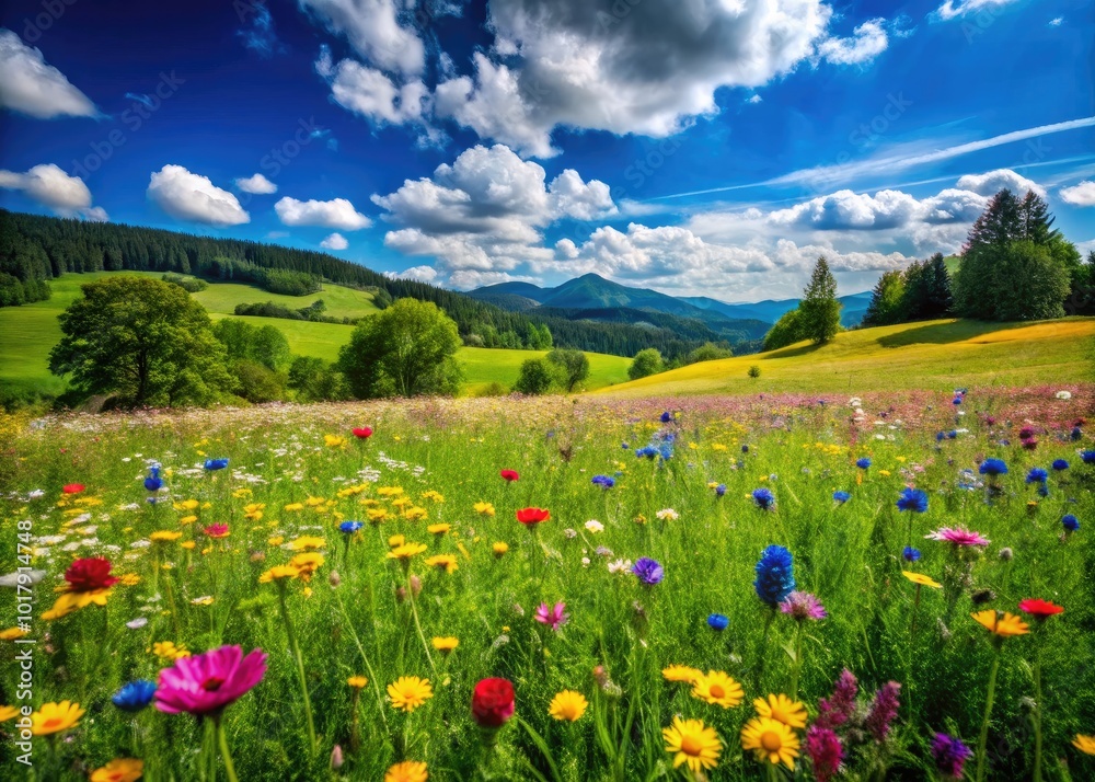 Lush Green Meadow Underneath a Clear Blue Sky with Vibrant Wildflowers in Full Bloom During Spring Lush Green Meadow Underneath a Clear Blue Sky with Vibrant Wildflowers in Full Bloom During Spring