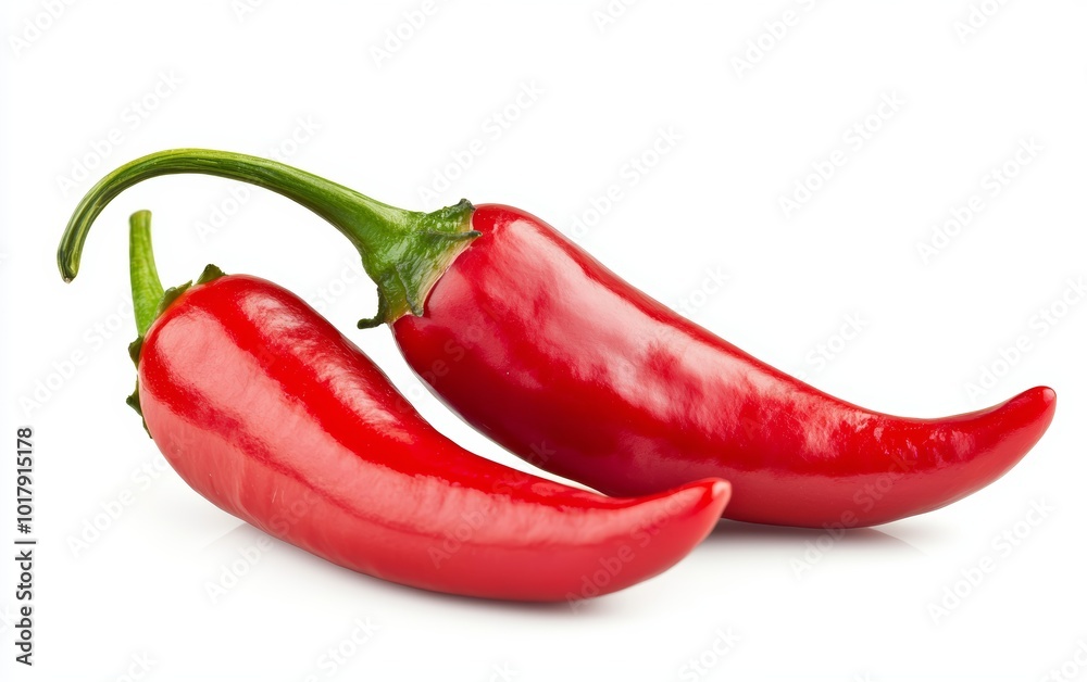 Close-up of two red chili peppers, glossy surface with natural highlights, isolated on white background Close-up of two red chili peppers, glossy surface with natural highlights, isolated on white background