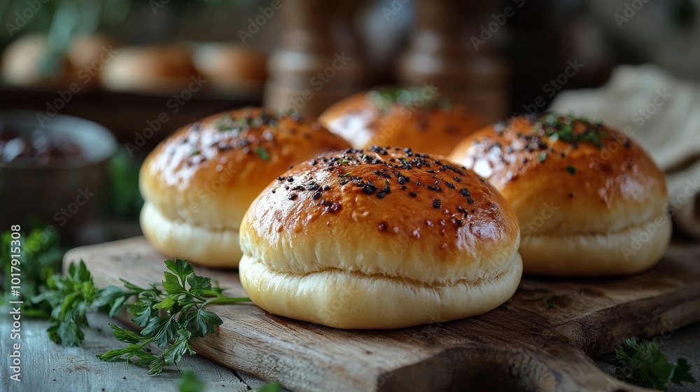 Freshly baked, golden brown rolls resting on a rustic wooden board, garnished with parsley and a sprinkle of seeds ready to be savored for the delightful taste. Freshly baked, golden brown rolls resting on a rustic wooden board, garnished with parsley and a sprinkle of seeds ready to be savored for the delightful taste.