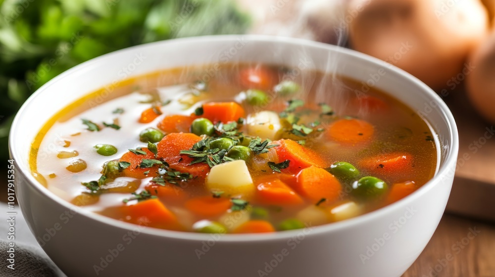 Steaming bowl of hearty vegetable soup composed of diced carrots, peas, and potatoes, delicately seasoned with fresh herbs for a comforting and healthy meal. Steaming bowl of hearty vegetable soup composed of diced carrots, peas, and potatoes, delicately seasoned with fresh herbs for a comforting and healthy meal.