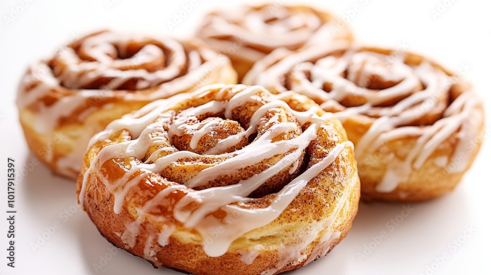 Fototapeta premium Four freshly baked cinnamon rolls generously drizzled with sweet icing, capturing the essence of comfort and indulgence in this delectable dessert picture.