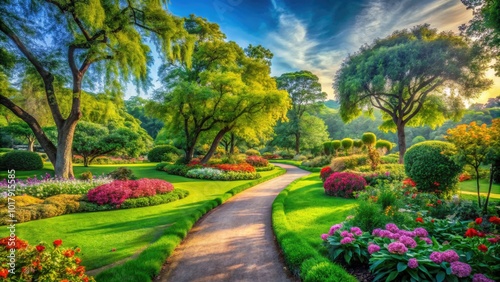 Lush Green Park with Scenic Pathway and Vibrant Flora in High Dynamic Range Imagery for Nature Lovers