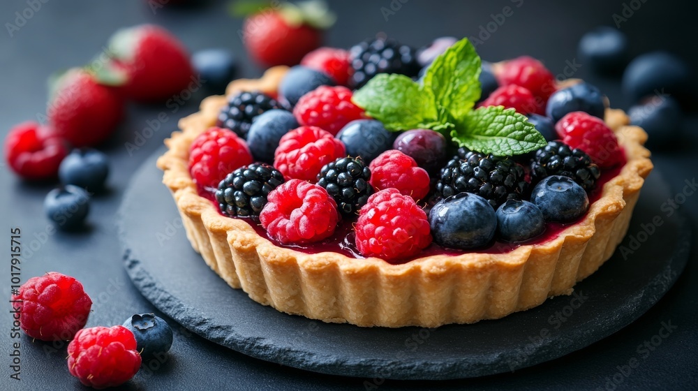 A delicious fruit tart adorned with fresh raspberries, blackberries, and blueberries, garnished with mint leaves, offers a vibrant and sweet treat for dessert lovers.