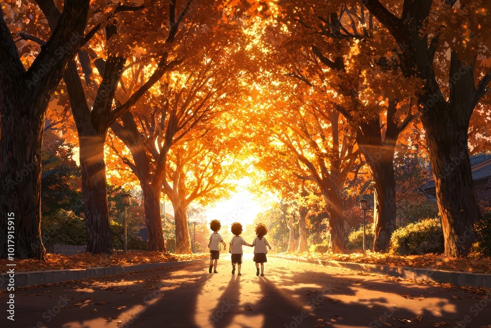 Kids chatting and laughing as they walk along a tree-lined path, with golden sunlight filtering through the leaves