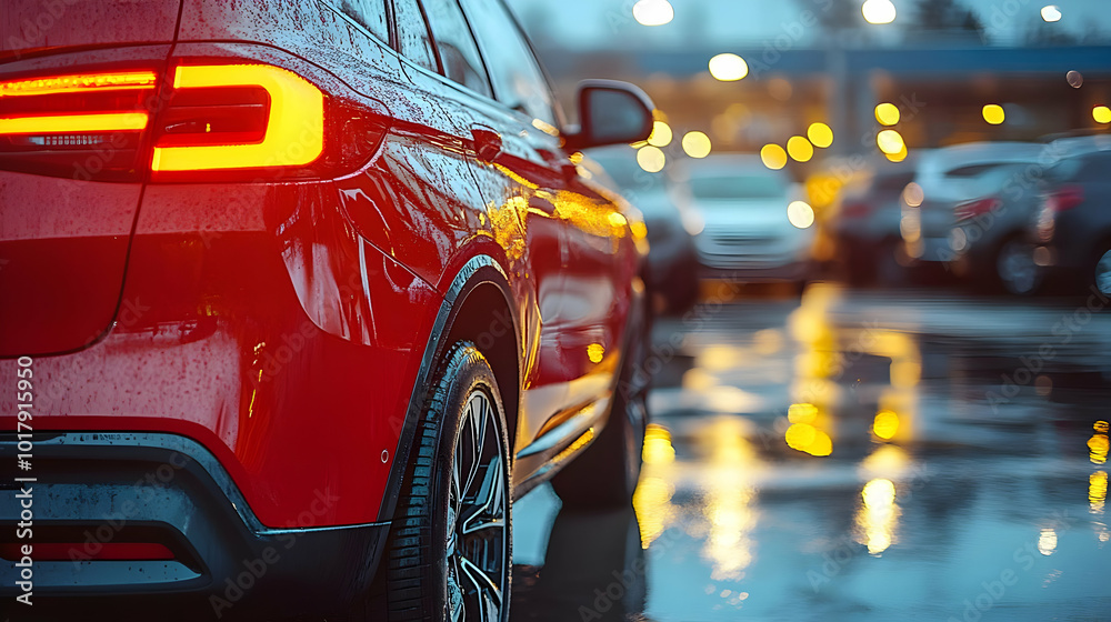 A close-up of a red car in a rainy parking lot at dusk. A close-up of a red car in a rainy parking lot at dusk.