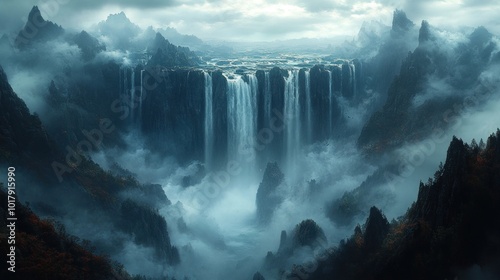 Majestic waterfall cascading through misty mountains.