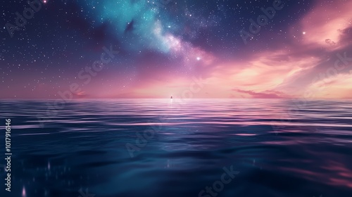 Mystical sea under the night sky, where sparkling stars reflect on calm waters, with colorful clouds and a distant lighthouse glowing softly in the dreamscape photo