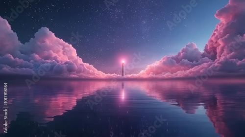 Mystical sea under the night sky, where sparkling stars reflect on calm waters, with colorful clouds and a distant lighthouse glowing softly in the dreamscape photo