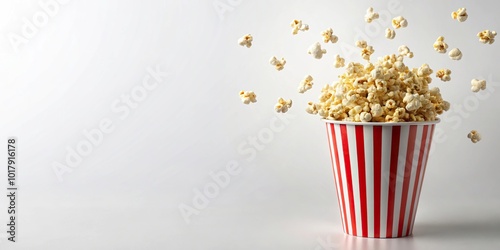 A striped bucket with flying popcorn on a white background photo