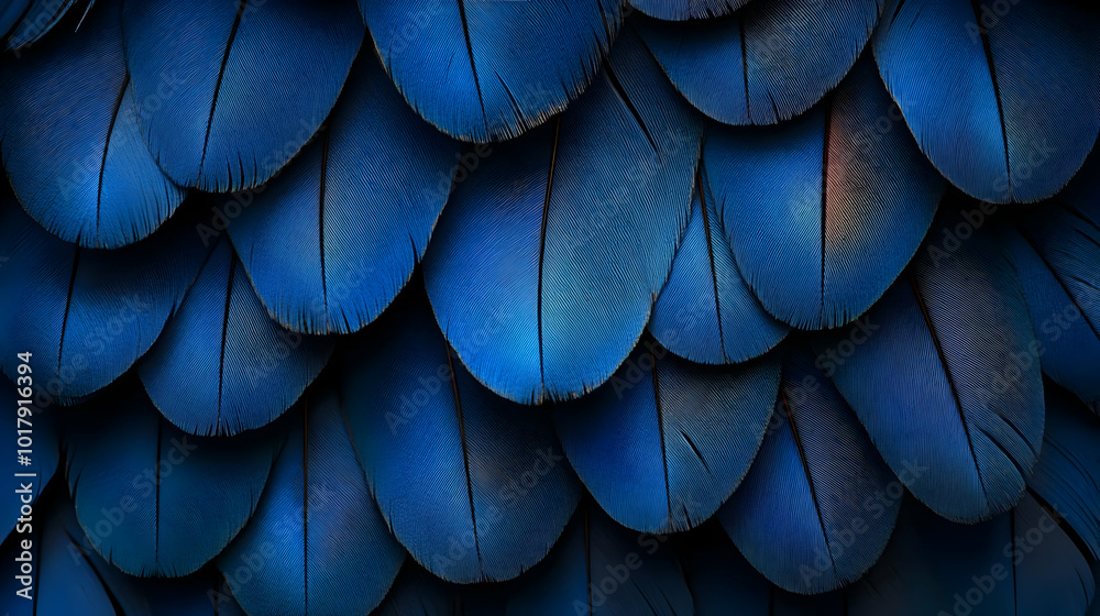 A close-up of iridescent blue feathers arranged in layers. A close-up of iridescent blue feathers arranged in layers.