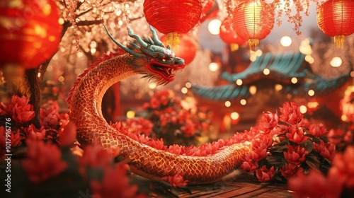 A colorful dragon coils among blooming flowers and lanterns during a vibrant festival celebration in a traditional garden setting photo