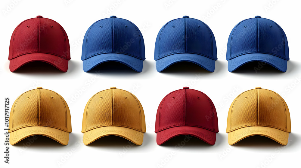 A collection of colorful baseball caps arranged in two rows. A collection of colorful baseball caps arranged in two rows.