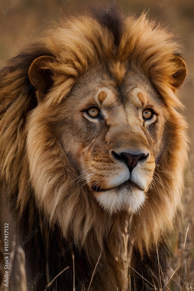 Majestic Lion with Intense Gaze Resting in African Plains During Golden Sunset Majestic Lion with Intense Gaze Resting in African Plains During Golden Sunset