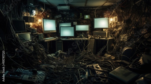 Plakat w ramie A cluttered mass of tangled cables surrounds various computer monitors, creating a chaotic but intriguing tech environment.