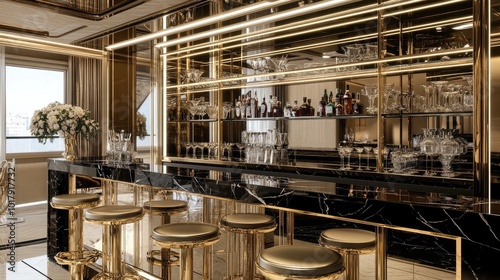 A sophisticated bar area with mirrored shelves