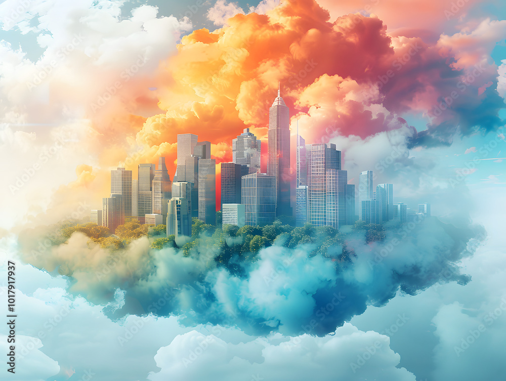 Fototapeta premium Fluffy cumulus clouds drift across a vibrant blue sky above a bustling cityscape