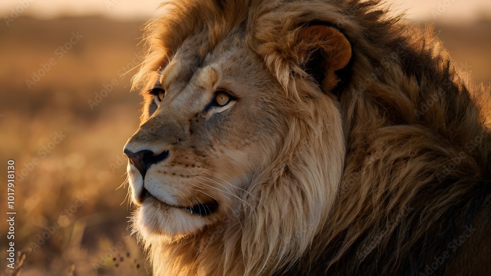 Resting Lion in African Savannah at Golden Hour, Highlighting Tranquil Wilderness Resting Lion in African Savannah at Golden Hour, Highlighting Tranquil Wilderness