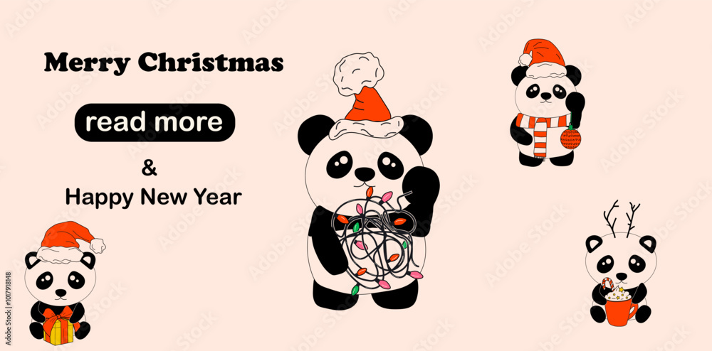 Obraz premium Web page design template. Panda with decoration christmas. Vector illustration for poster, banner, website development.