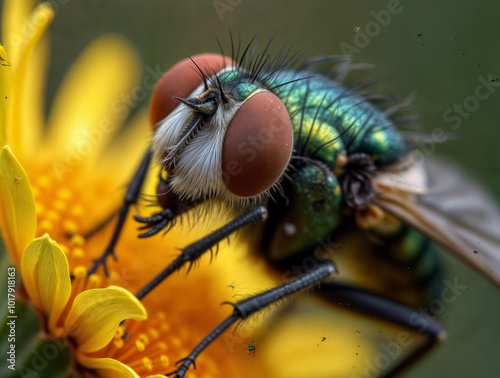 A close-up photograph of a green fly on a yellow flower.  photo