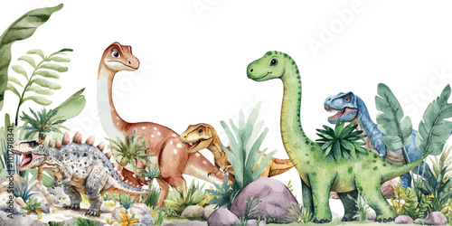 Watercolor dinosaur set Green leaves on a white background