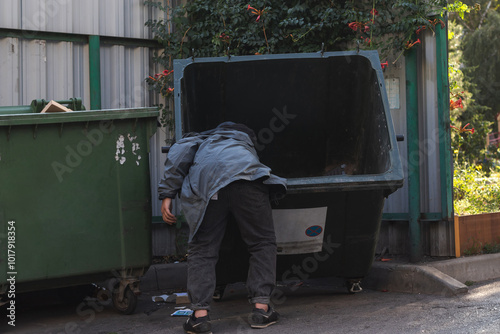 Photos A homeless man digs through garbage in search of food.