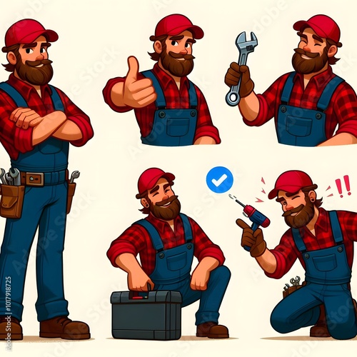 A cartoon-style mechanic with a thick beard, wearing a red plaid shirt, blue overalls, and a red cap. Show him in various poses: 1) standing with arms crossed and holding a wrench, 2) bending over to 