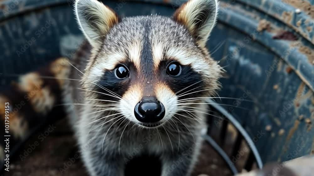 Cute animal selfies, a raccoon peeking out of a trash can with a curious look.