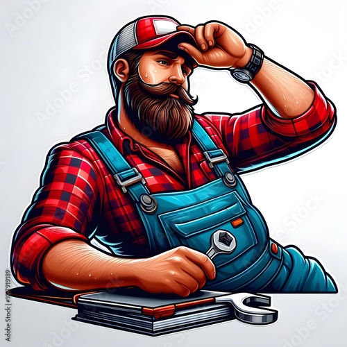A cartoon mechanic with a thick beard, wearing a red plaid shirt, blue overalls, and a red cap, resting with one hand on his hip while wiping sweat from his forehead.
