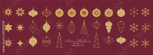 Set of Christmas minimalist golden geometric element or icon in flat linear design. Trendy Xmas tree vintage decoration. Vector illustration.