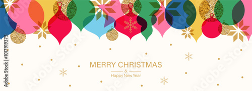 19Merry Christmas background with vintage and gold decorations, snowflakes in simple flat design. Trendy minimalist geometric design. Vector illustration.